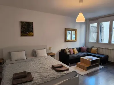 a bedroom with a large bed and a couch at Bright & Quiet - Skadarlija in Belgrade