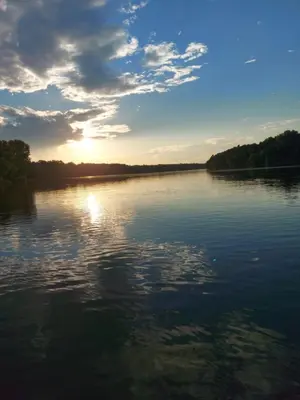 a view of a river with the sun reflecting on the water at Kuca na Savi - Stari hrast in Vladimirci