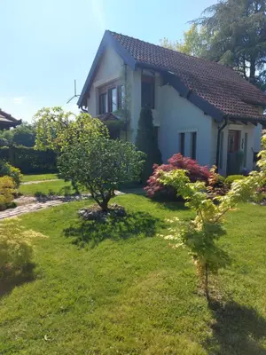 a small white house with a green yard at Kuca na Savi - Stari hrast in Vladimirci