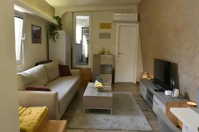 a living room with a couch and a tv at Belgrade Center Penthouse Duplex in Belgrade