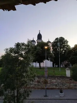 a building in the distance with a street light and trees at Apostolovic kuca kulturni spomenik u centru Grocke in Grocka
