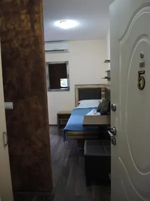 a room with a bed and a door with a room with a bed sidx sidx at Apartments 43 in Krnjača
