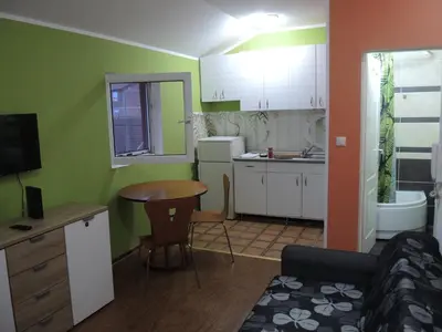 a kitchen with green walls and a table and a sink at Apartments 43 in Krnjača