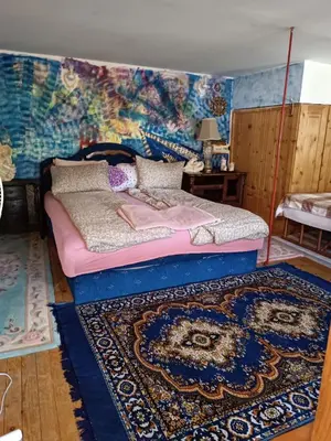 a bedroom with a bed and a mural at Maravilja 7 in Belgrade