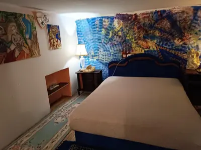 a bedroom with a bed with a mural on the wall at Maravilja 7 in Belgrade
