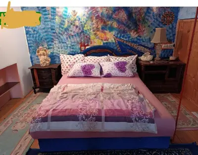 a bedroom with a bed with a painting on the wall at Maravilja 7 in Belgrade