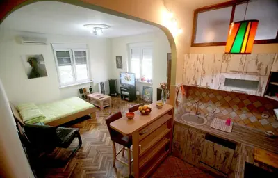 a room with a kitchen with a sink and a living room at Studio Tash in Belgrade