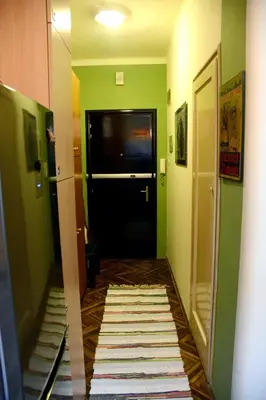 a hallway with a black door and green walls at Studio Tash in Belgrade