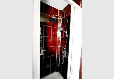 a shower in a bathroom with a red tiled wall at Dali Arena Business Comfort Apartment 2 Bedrooms King Size in Belgrade