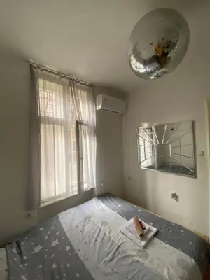 a bedroom with a bed in a room with a window at Shine DISCO room in Belgrade