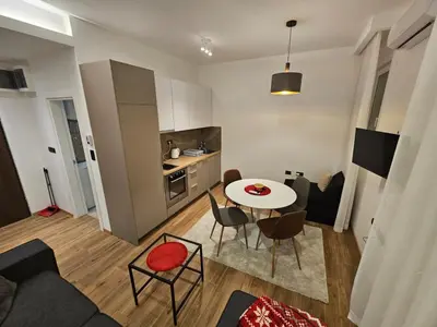 a kitchen and a living room with a table and chairs at Anchy in Belgrade