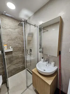 a bathroom with a sink and a shower at Anchy in Belgrade