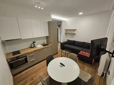 a kitchen and living room with a table and a couch at Anchy in Belgrade