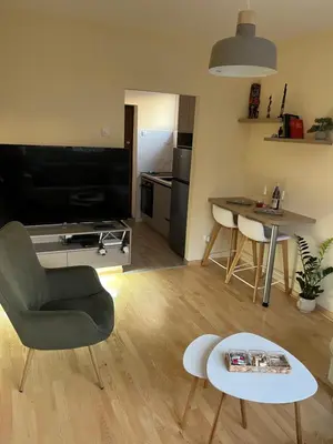 a living room with a television and a table at My Pier in Bele Vode