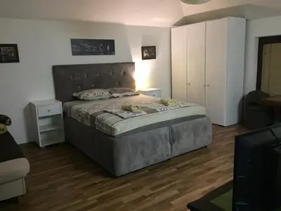 a bedroom with a large bed in a room at Apartman Birboni Pul ZEMUN in Tošin Bunar