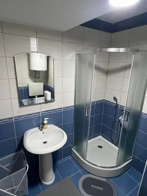 a blue and white bathroom with a sink and a shower at App Titan in Stara Pazova
