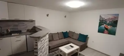 a small living room with a couch and a kitchen at Stan na dan-MARKOVIĆ- in Dušanovac (historical)
