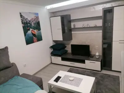 a living room with a couch and a tv at Stan na dan-MARKOVIĆ- in Dušanovac (historical)