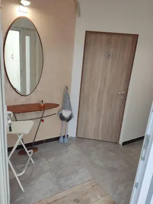 a bathroom with a wooden door and a mirror at Romansa in Dušanovac (historical)