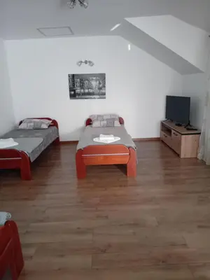 a room with two beds and a tv in it at Apartman M Batajnica in Batajnica