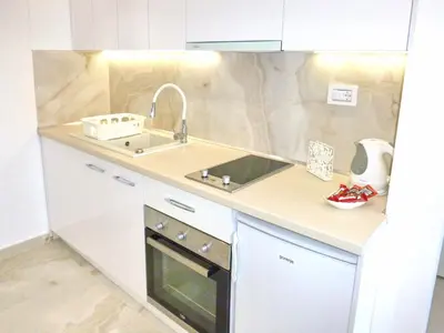 a small kitchen with a sink and a stove at Arena Dream Studio in Belgrade