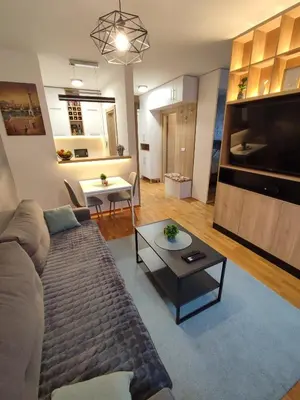 a living room with a couch and a table at MoonZE apartman, free parking in Novi Grad