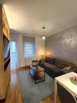 a living room with a couch and a table at MoonZE apartman, free parking in Novi Grad