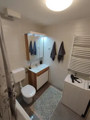 a bathroom with a toilet and a sink and a mirror at MoonZE apartman, free parking in Novi Grad