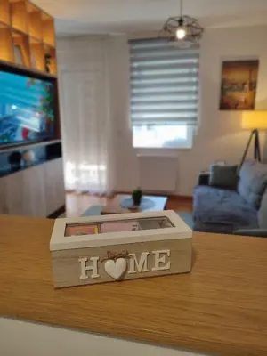a box with the word hme on a table in a living room at MoonZE apartman, free parking in Novi Grad