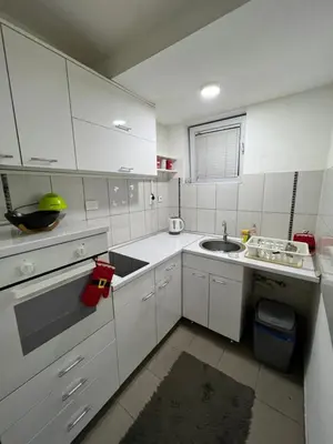 a kitchen with white cabinets and a sink at Rio Apartman in Belgrade