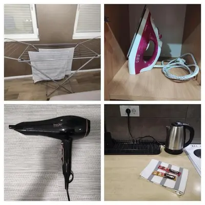 four pictures of a hair dryer and a sewing machine at Left Coast studio apartment in Belgrade