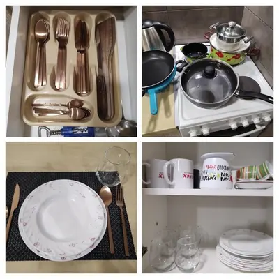 a collage of four pictures of a kitchen with a sink at Left Coast studio apartment in Belgrade