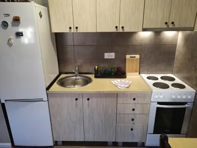 a kitchen with a sink and a white refrigerator at Left Coast studio apartment in Belgrade
