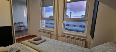 a bedroom with two beds and two windows at Mimoza in Novi Beograd