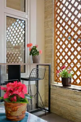a porch with two potted plants and a table with a chair at Zemun Center LUX 3 bedroom in Belgrade