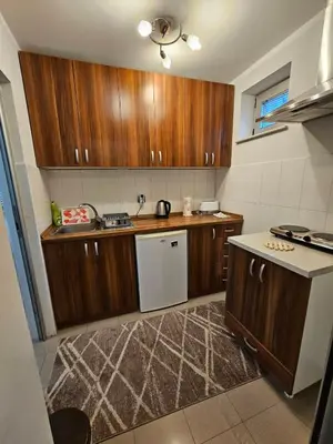 a kitchen with wooden cabinets and a white refrigerator at Prenoćište Lana in Novi Banovci