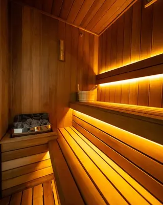 a sauna with wooden walls and wooden floors and lights at Ilic House in Belgrade