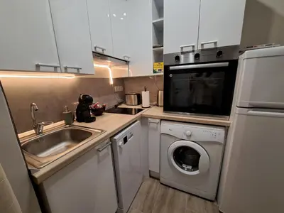 a kitchen with a sink and a washing machine at Ema's Cosy apartment in Belgrade