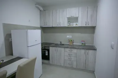 a kitchen with wooden cabinets and a white refrigerator at Apartman Ub in Ub