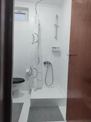 a white bathroom with a shower and a toilet at Apartman Visnjica in Rospi Ćuprija