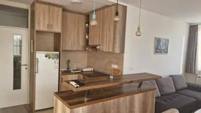a kitchen with a couch and a table in a room at Banjica Stan 203 in Belgrade