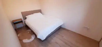 a bed in a small room with a cat sitting next to it at Apartman Studenjak in Tošin Bunar