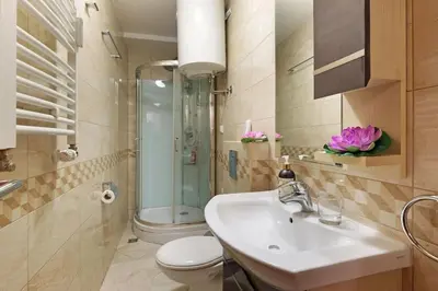 a bathroom with a sink and a toilet and a shower at Apartment SEIF 1 in Belgrade
