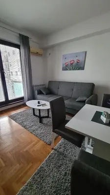 a living room with a couch and a table at Stan Na Dan 022 in Inđija