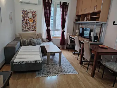 a living room with a couch and a table at Dorcol-Basic Apartman in Belgrade