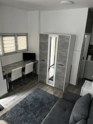 a living room with a couch and a table at Tiny Apartment in Belgrade