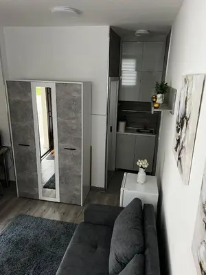 a living room with a couch and a mirror at Tiny Apartment in Belgrade