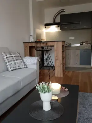 a living room with a couch and a table at Zemun residence in Novi Grad