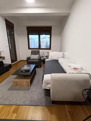 a living room with a couch and a coffee table at Zemun residence in Novi Grad