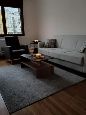 a living room with a couch and a coffee table at Zemun residence in Novi Grad